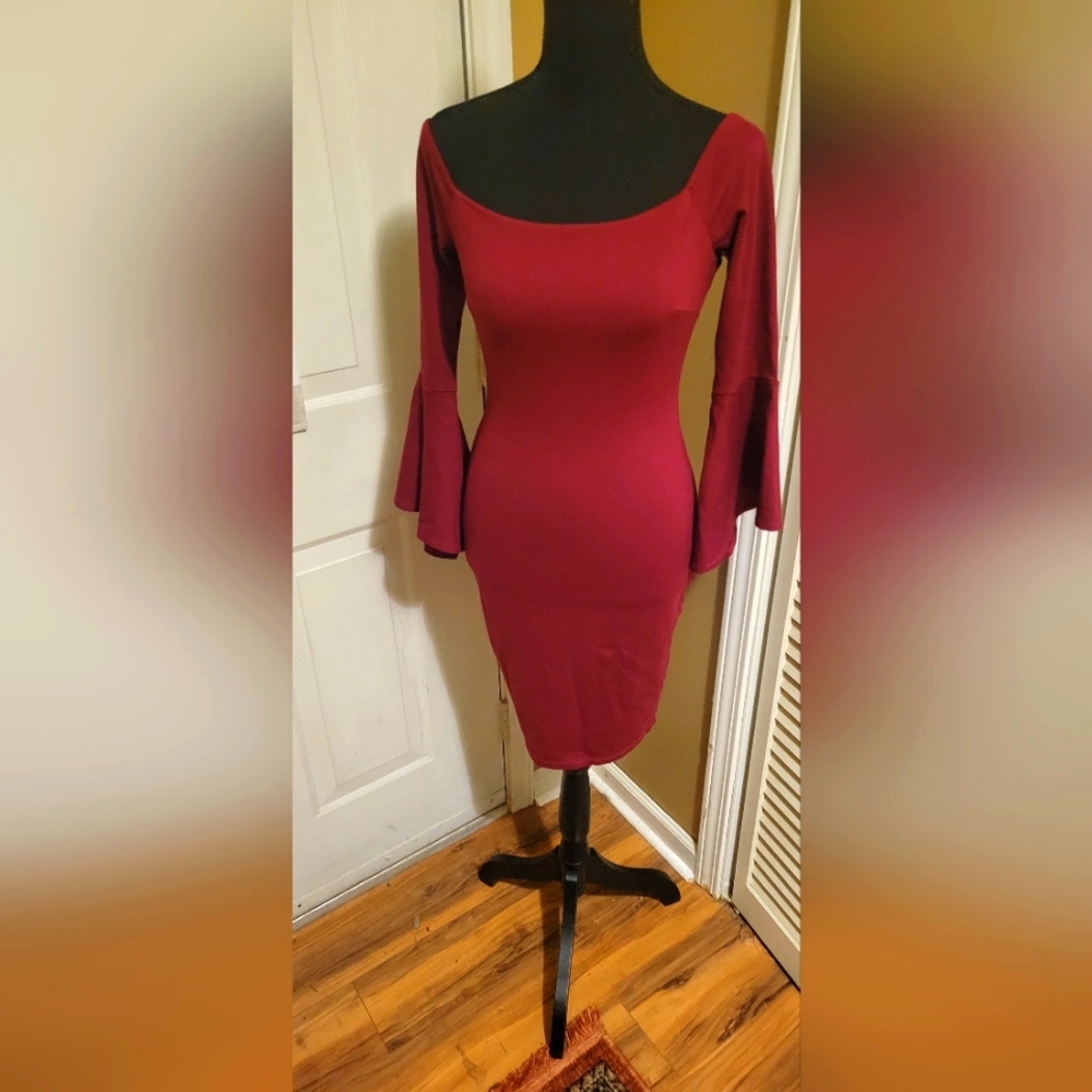 LuLus Elegant Burgundy Bell Sleeve Dress, Size Small